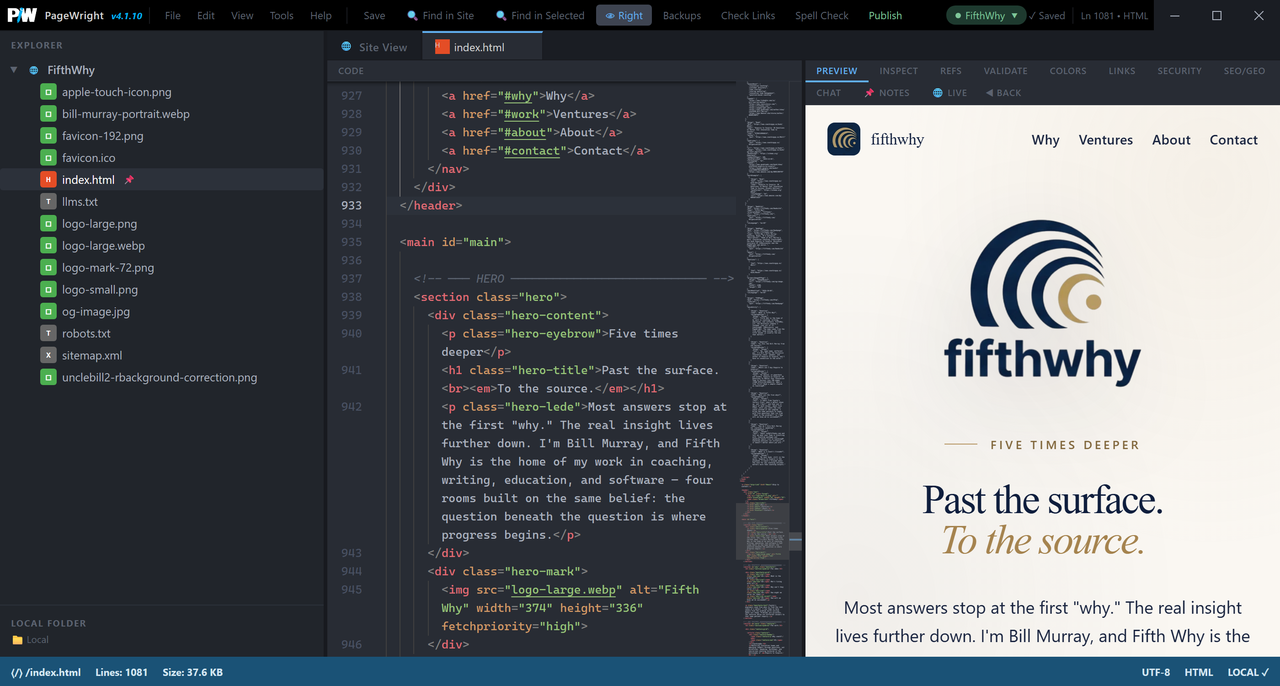 PageWright editor with code and live preview