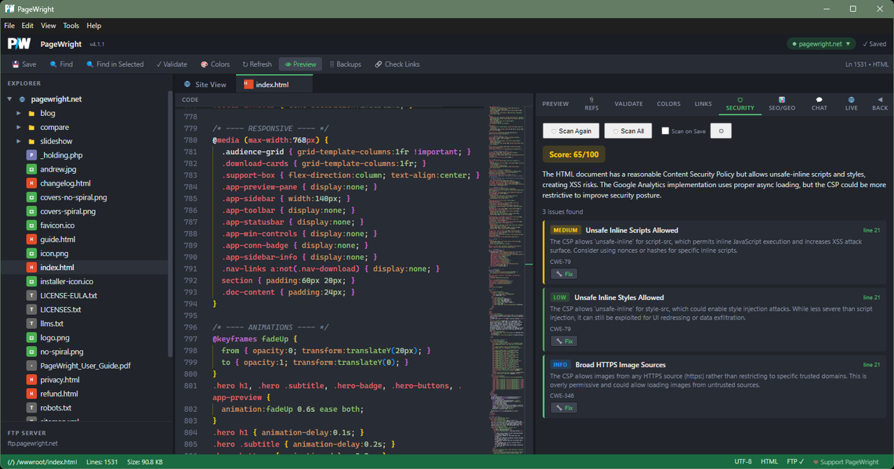 PageWright SEO/GEO security scanner with audit findings