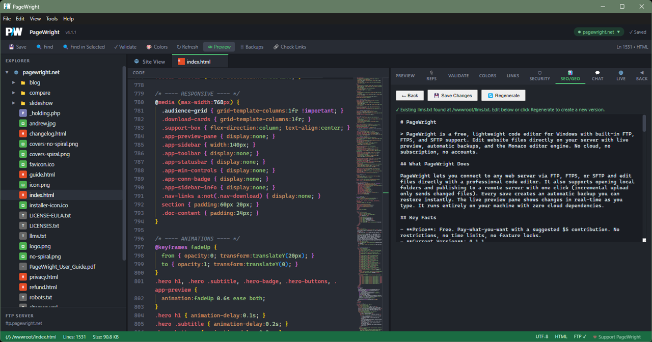 PageWright llms.txt generator with existing file content