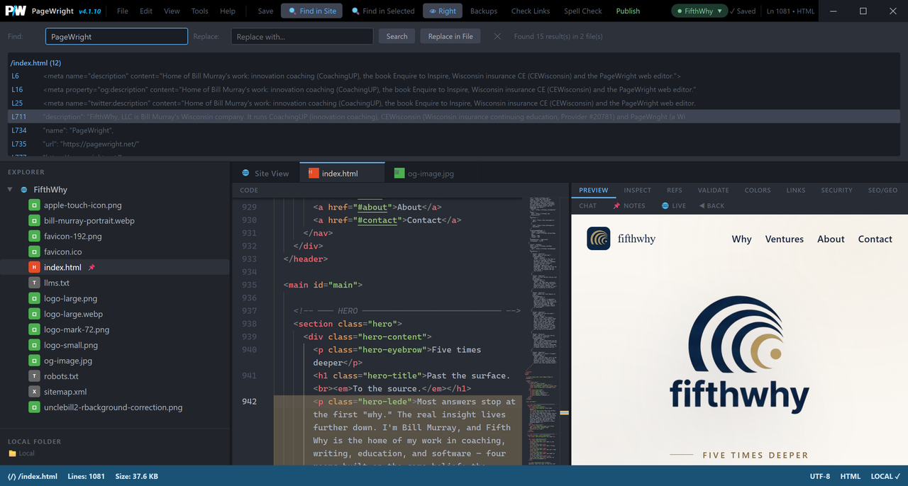 PageWright Find in Site results across files