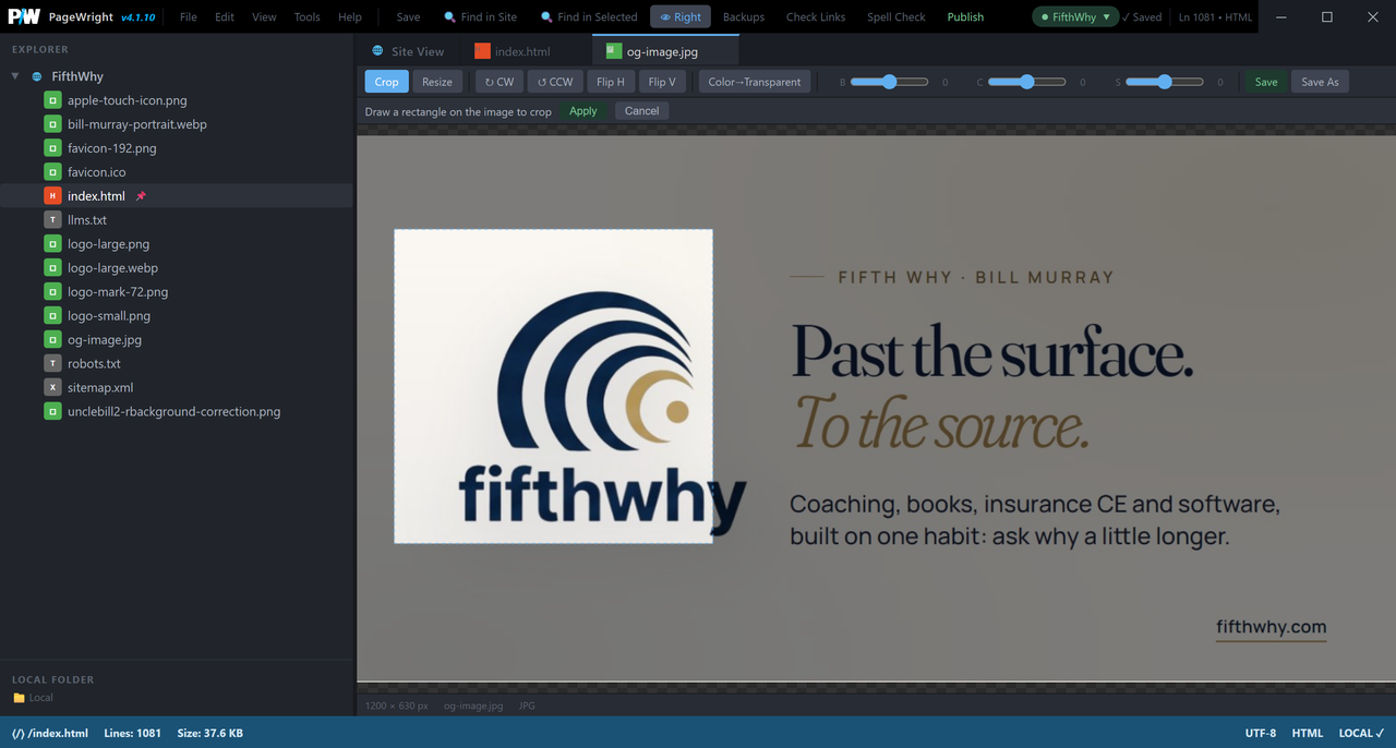 PageWright image editor cropping an image