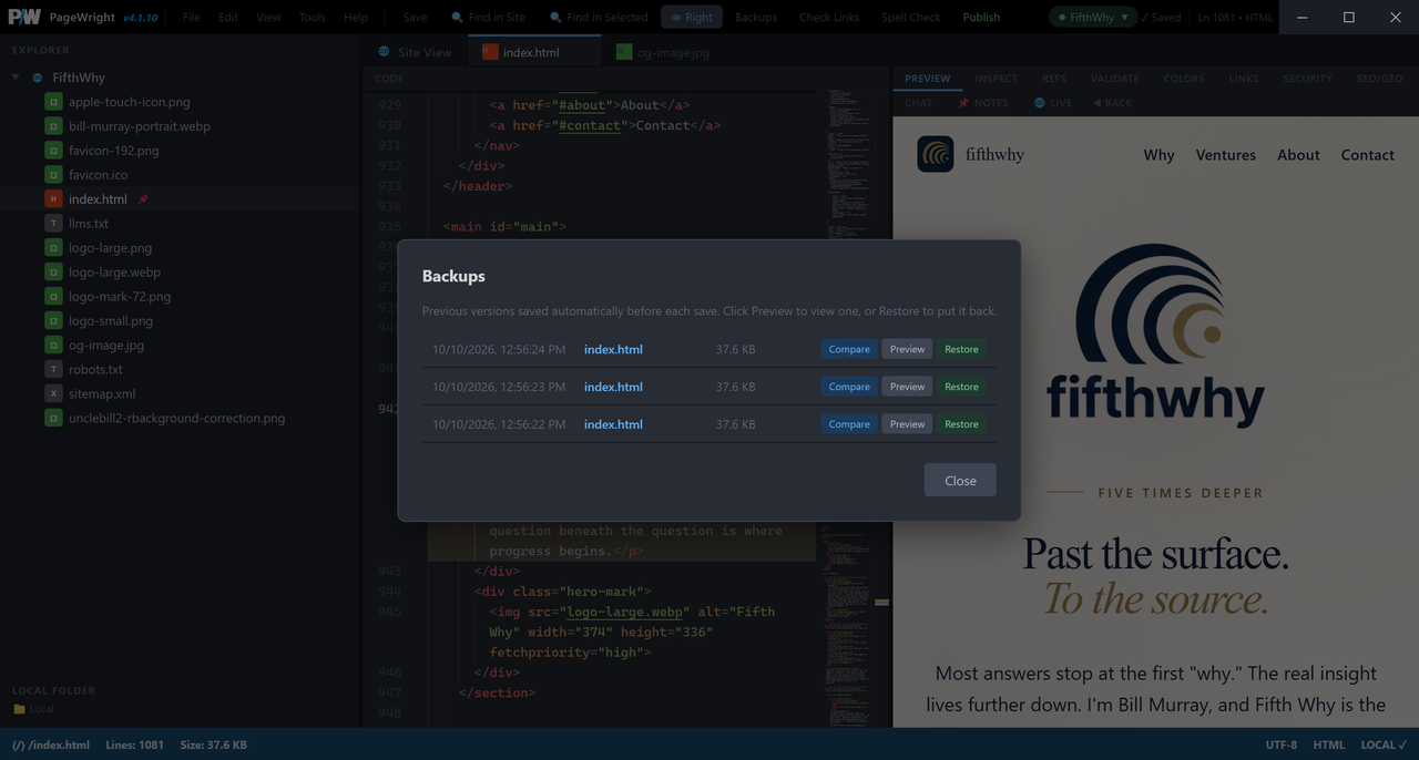 PageWright automatic backups with compare, preview and restore